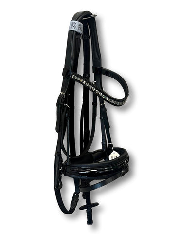 Comfort XS Patent Double Bridle, White Padding with Swarovski Crystals