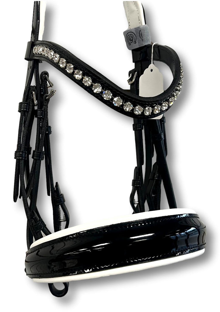 Comfort XS Patent Double Bridle, White Padding with Swarovski Crystals