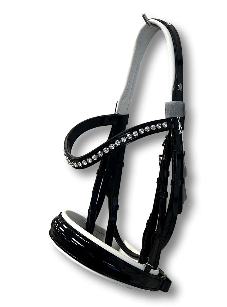 Comfort XS Patent Double Bridle, White Padding with Swarovski Crystals