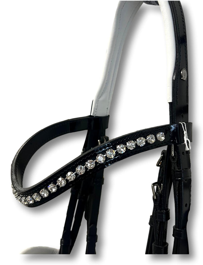 Comfort XS Patent Double Bridle, White Padding with Swarovski Crystals