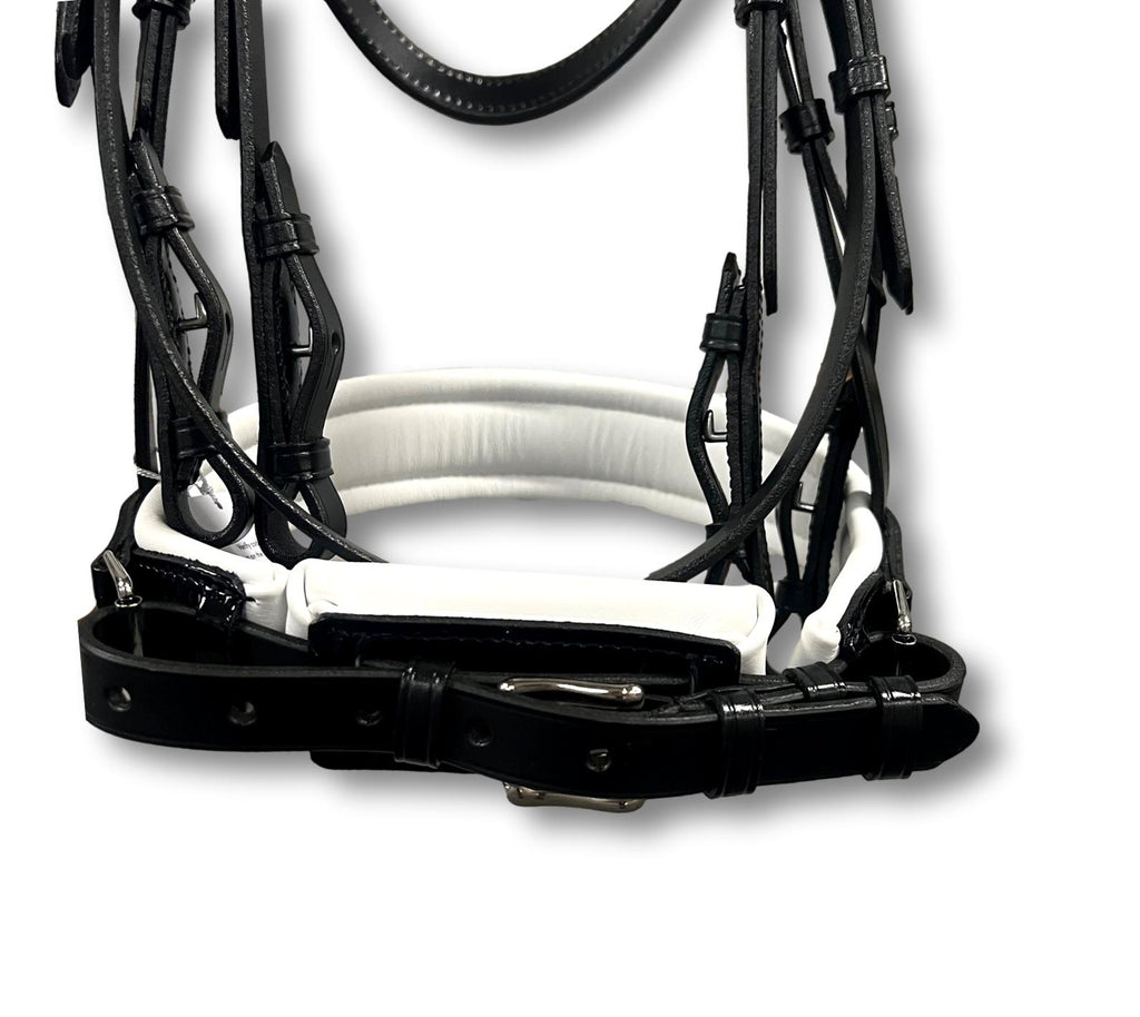Comfort XS Patent Double Bridle, White Padding with Swarovski Crystals