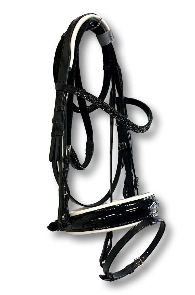 Comfort XS Patent Snaffle Bridle, White Padding with Swarovski Jet Rocks