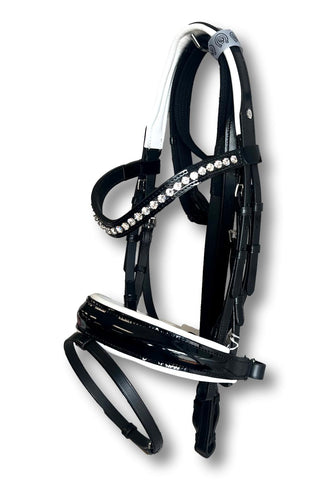 Comfort XS Patent Double Bridle, White Padding with Swarovski Crystals